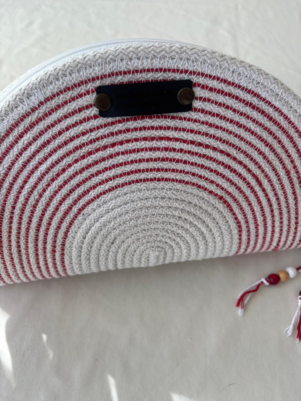 Red & White Handwoven Jute Rope Bag:  Summer Beach Tote
