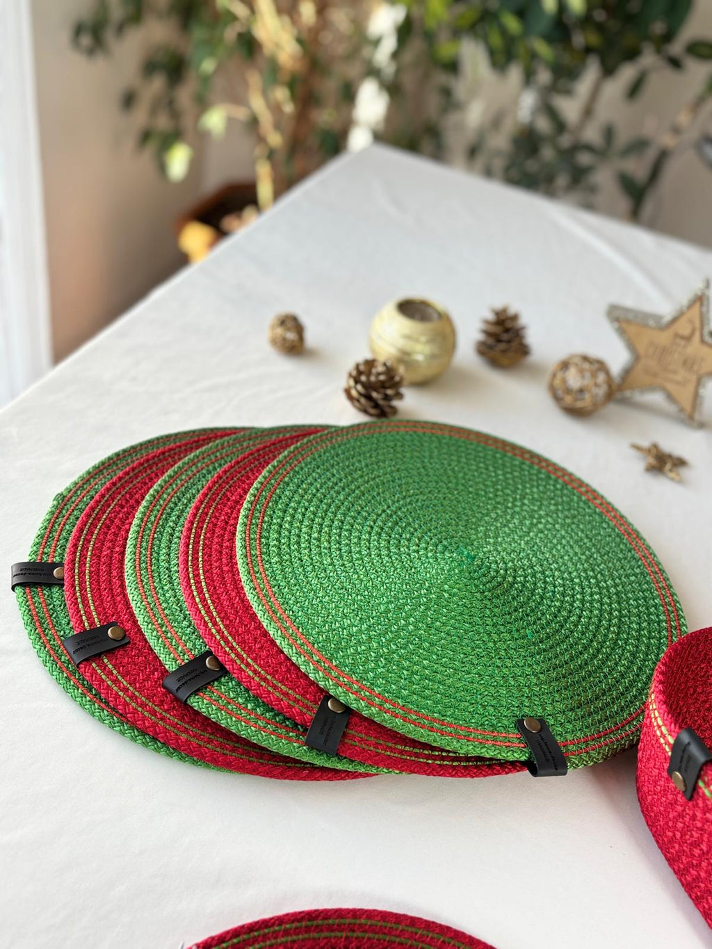 Handmade Cotton Rope Placemat Set: Red and Green Woven Dining Table Decor