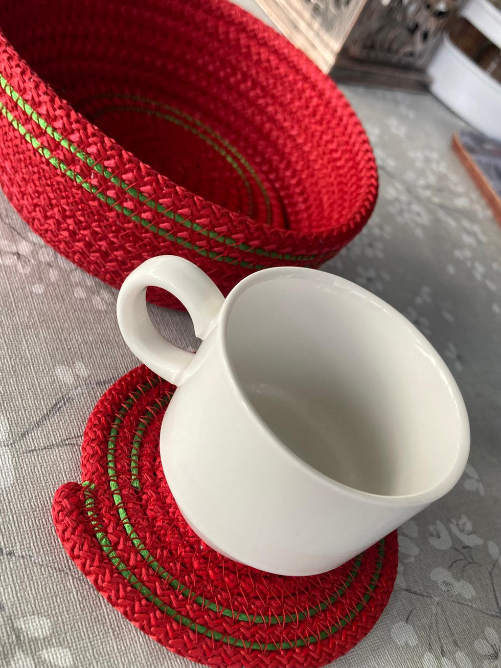 Red Handmade Cotton Rope Placemat Set: Red and Green Stripe Dining Table Decor