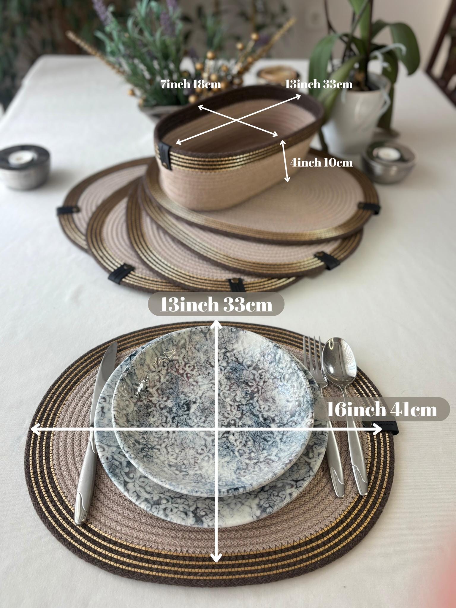 Handmade Woven Oval Placemats & Rope Basket Set: Boho Table Decor