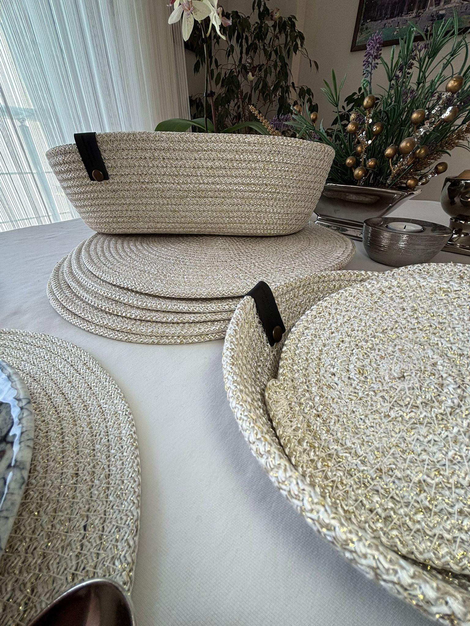 Parlak Ekru El Yapımı Pamuk İp Amerikan Servis Seti: Yemek Masası Dekoru