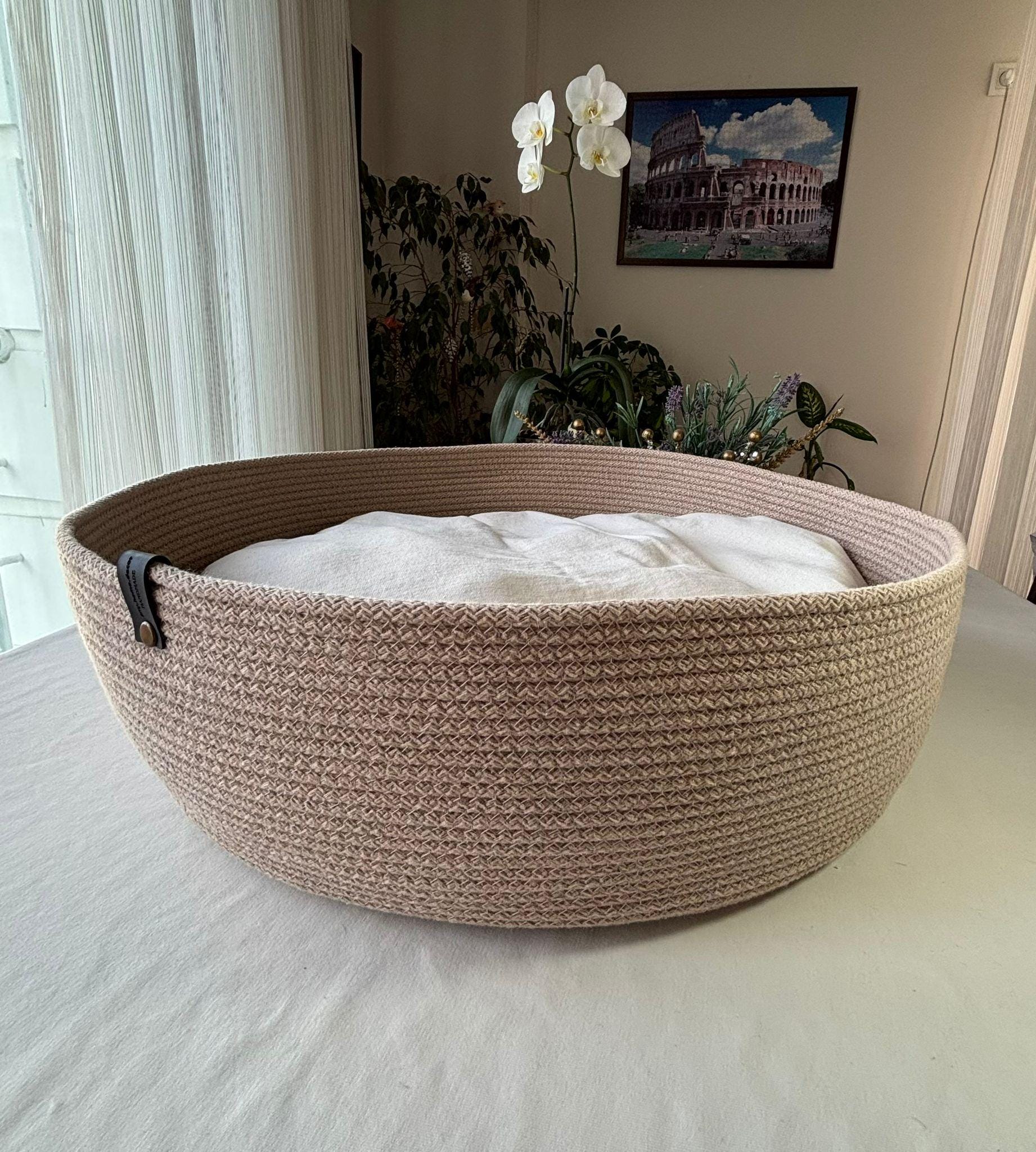 Handmade Woven Pet Bed Basket with Washable Pillow Cover (No Filling Included)