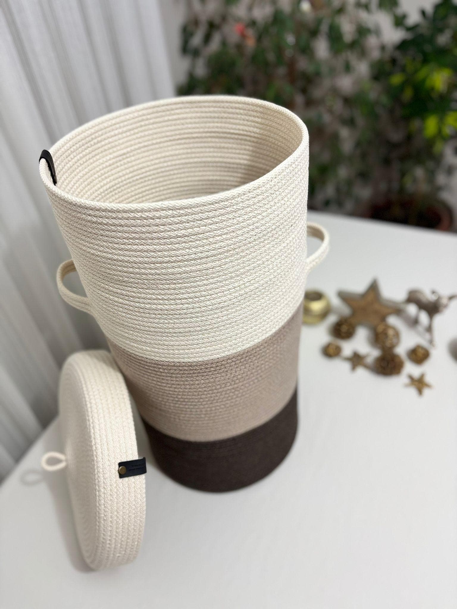 Handmade Rope Basket with Lid, 60 cm Large Woven Laundry Hamper