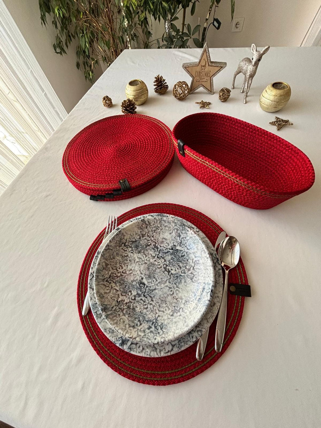 Red Handmade Cotton Rope Placemat Set: Red and Green Stripe Dining Table Decor