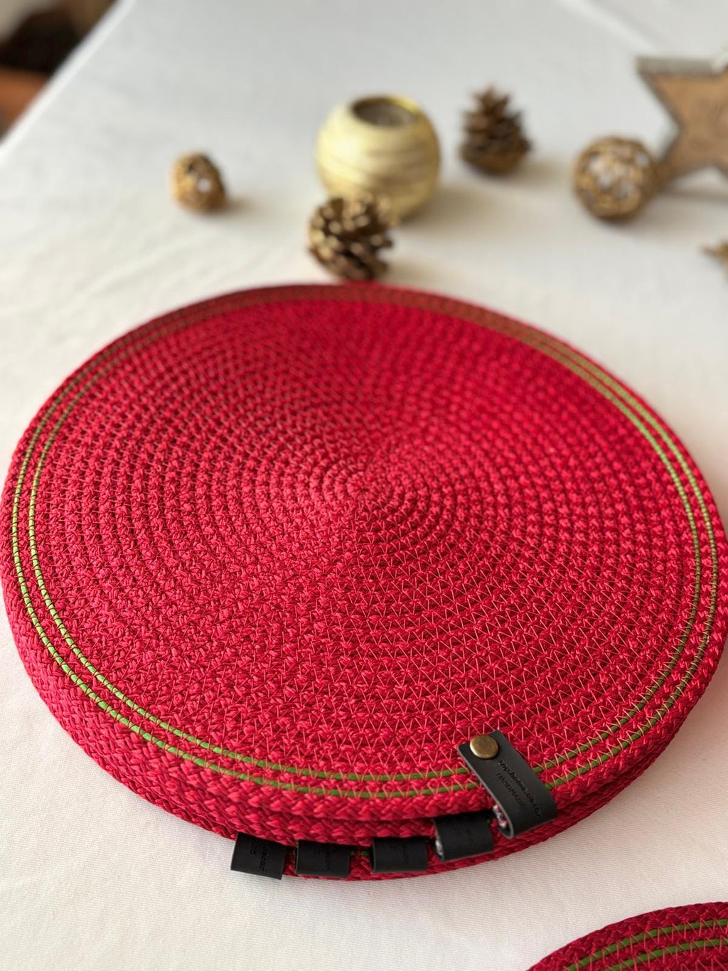 Red Handmade Cotton Rope Placemat Set: Red and Green Stripe Dining Table Decor