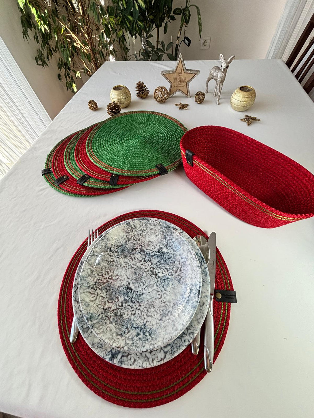 Handmade Cotton Rope Placemat Set: Red and Green Woven Dining Table Decor