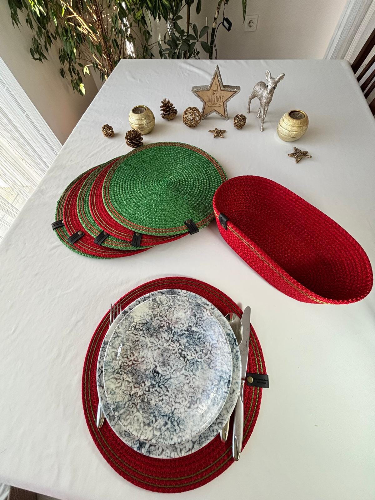 Handmade Cotton Rope Placemat Set: Red and Green Woven Dining Table Decor