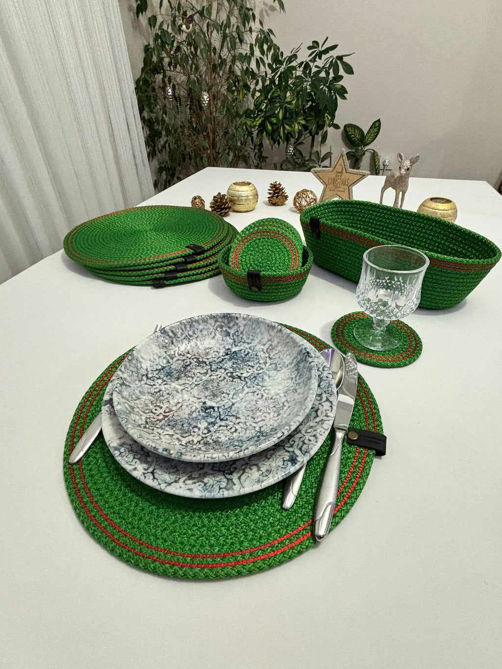Handmade Green Rope Placemat Set – Woven Dining Table Decor