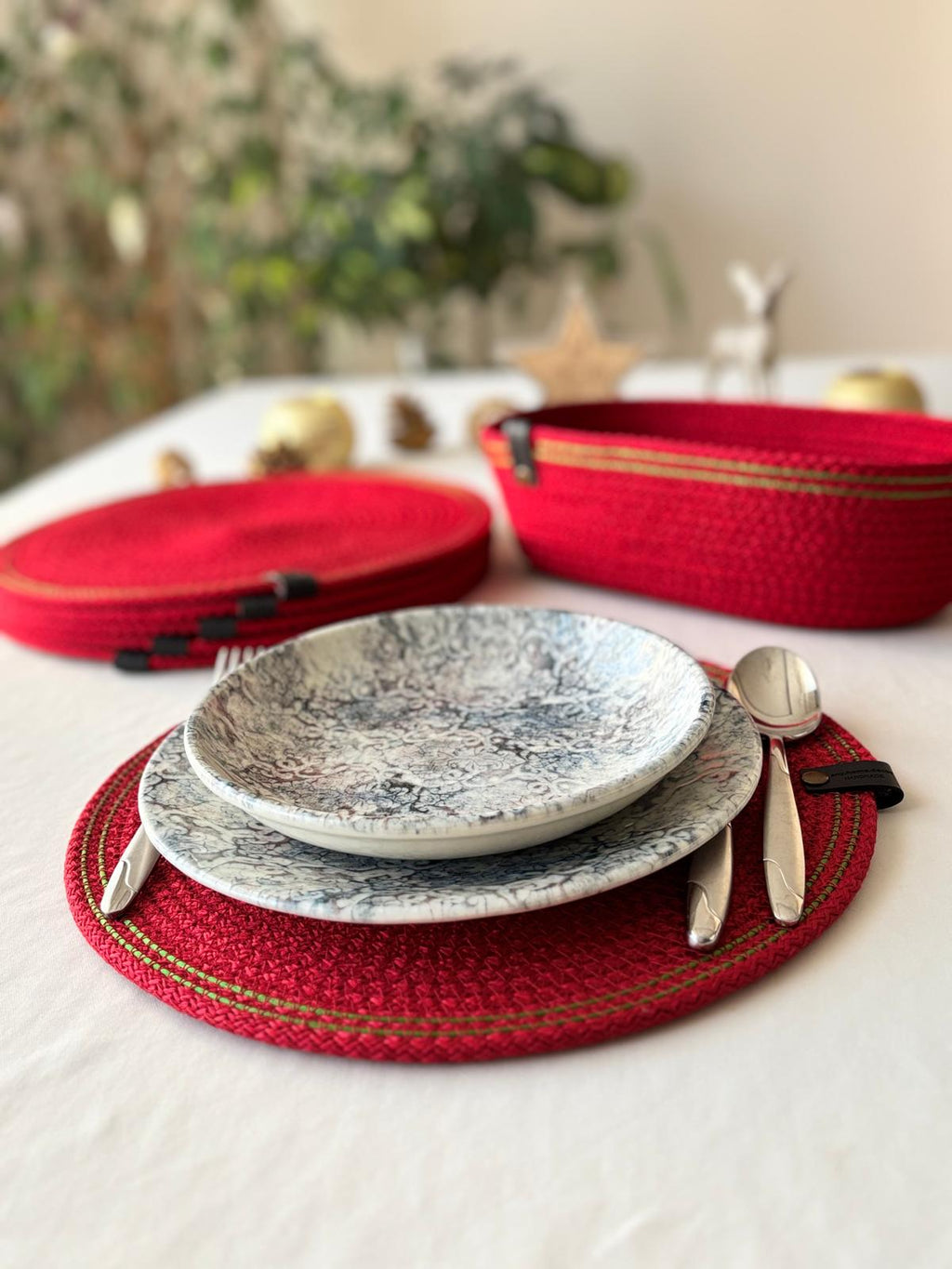 Red Handmade Cotton Rope Placemat Set: Red and Green Stripe Dining Table Decor