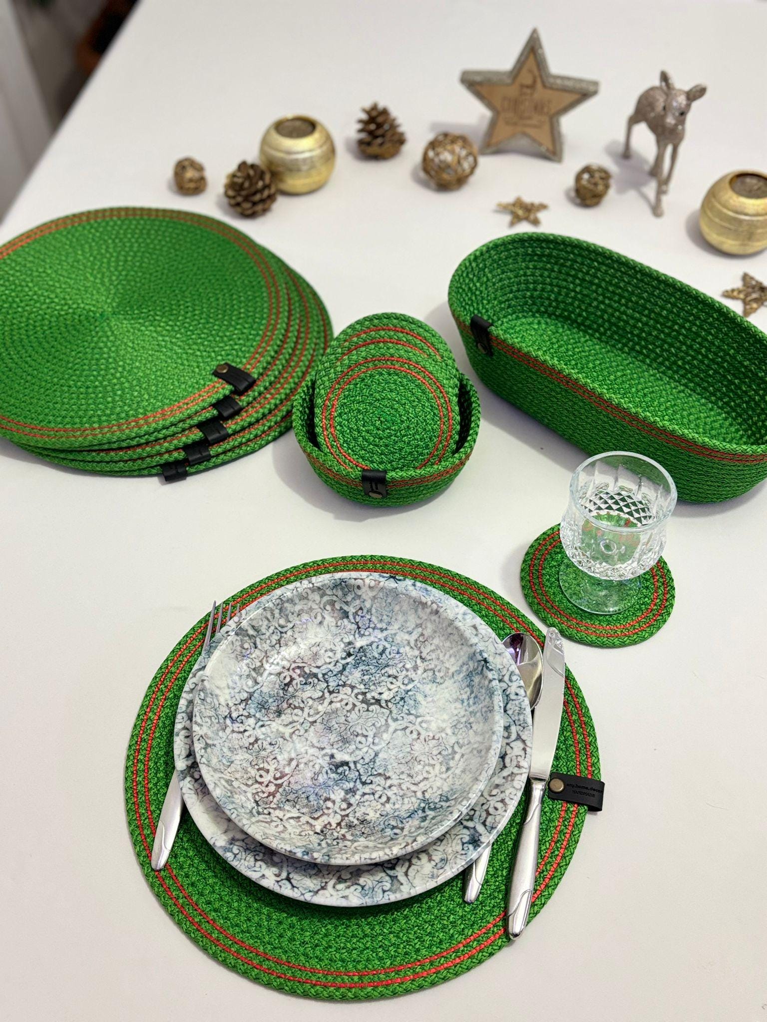 Handmade Green Rope Placemat Set – Woven Dining Table Decor