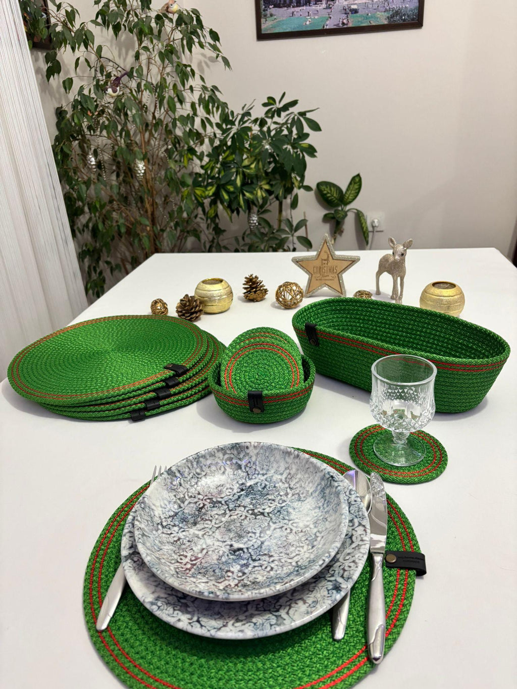 Handmade Green Rope Placemat Set – Woven Dining Table Decor