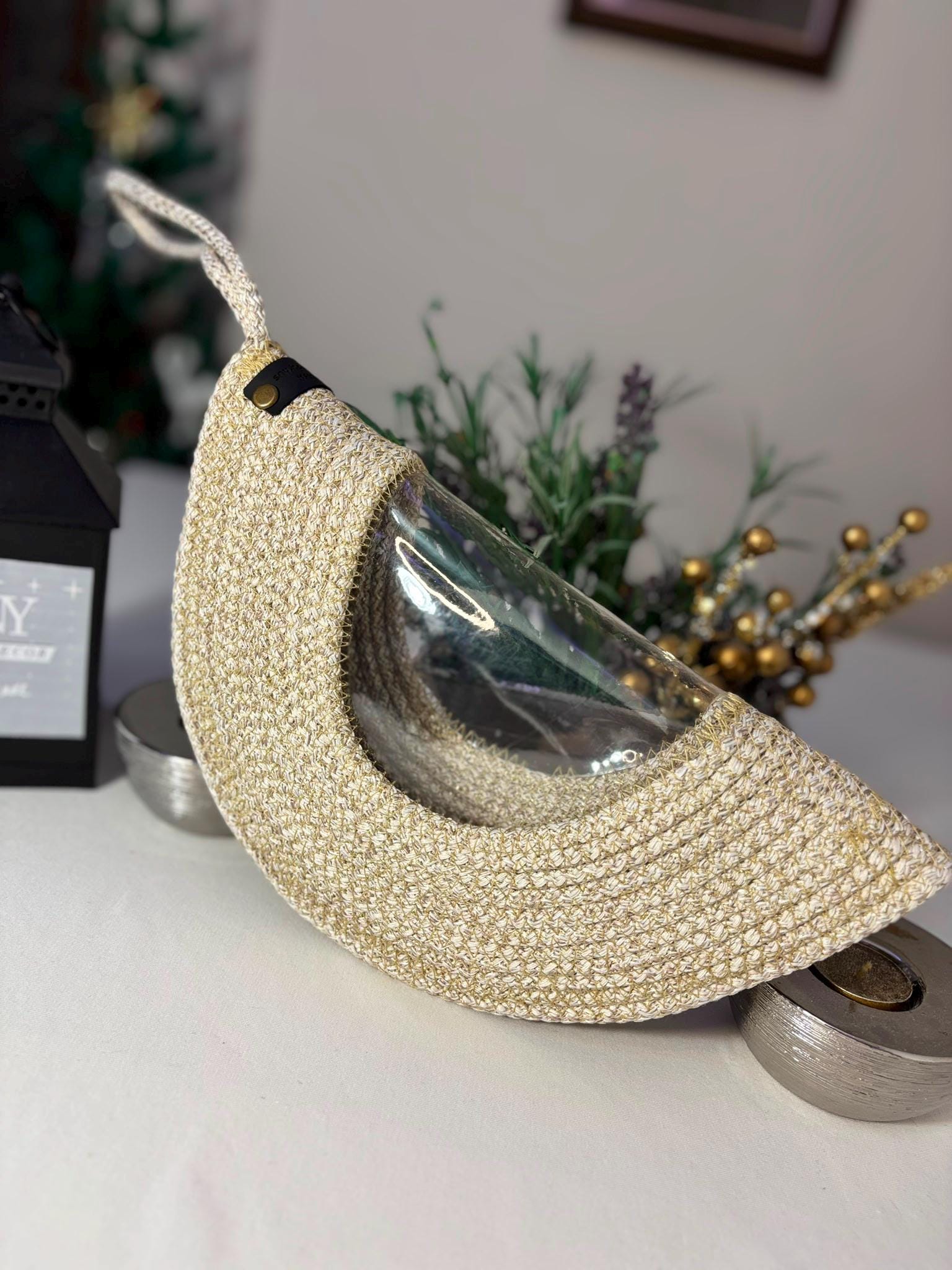 Handmade Crochet Half Moon Clutch: Cotton Summer Beach Bag, Rope Wristlet Bag