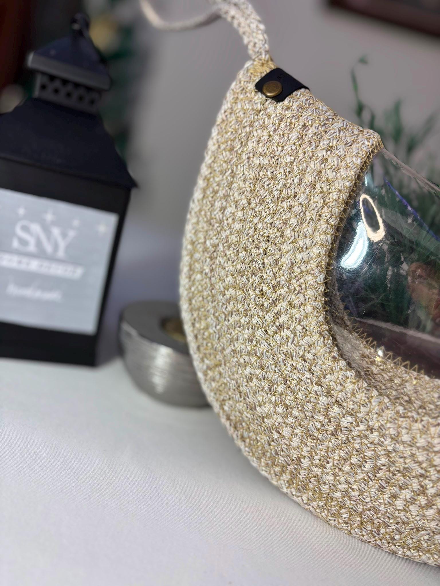 Handmade Crochet Half Moon Clutch: Cotton Summer Beach Bag, Rope Wristlet Bag