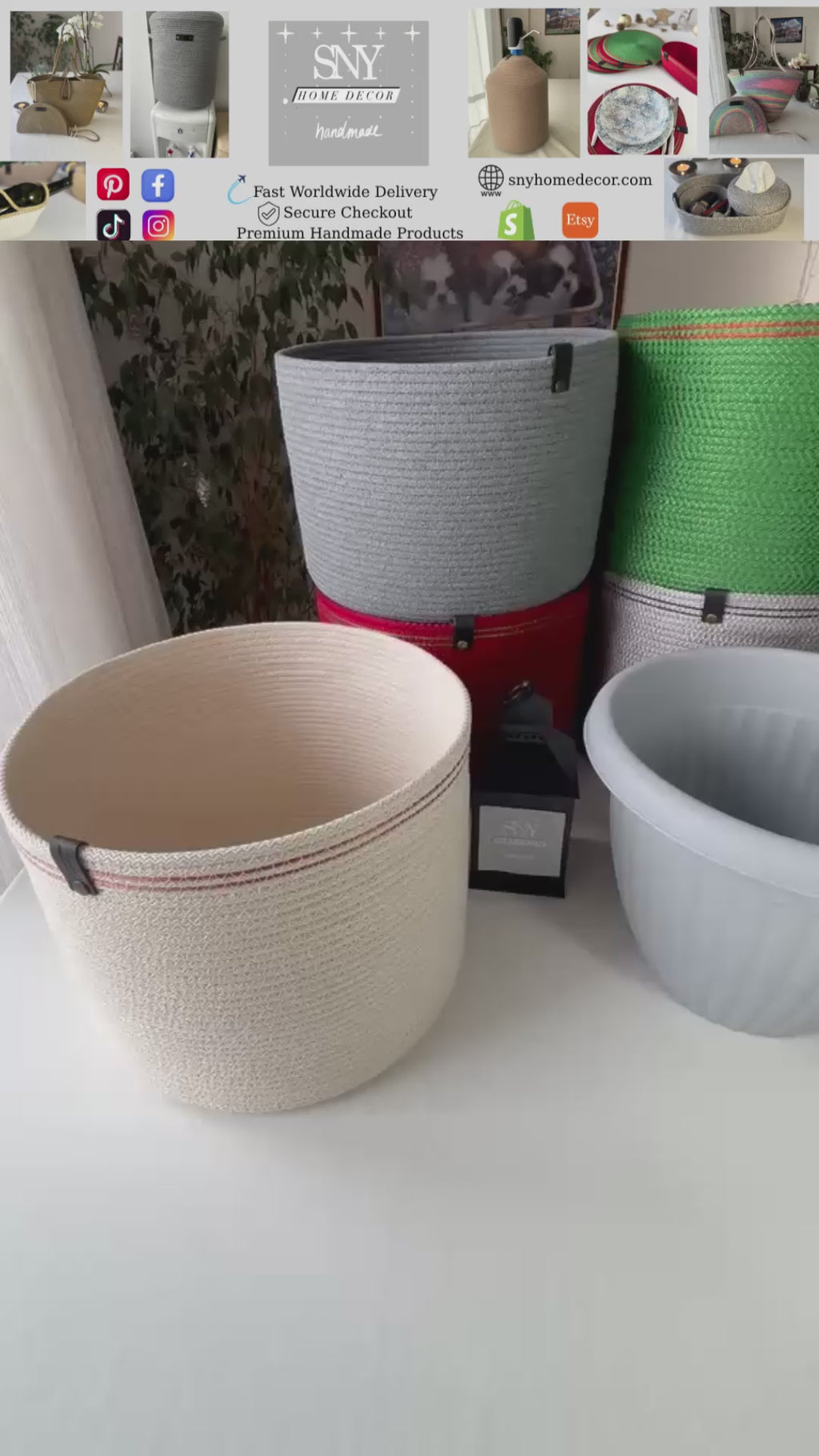 Handmade Cotton Rope Basket: Shiny Grey Woven Storage  Flower Pot Cover
