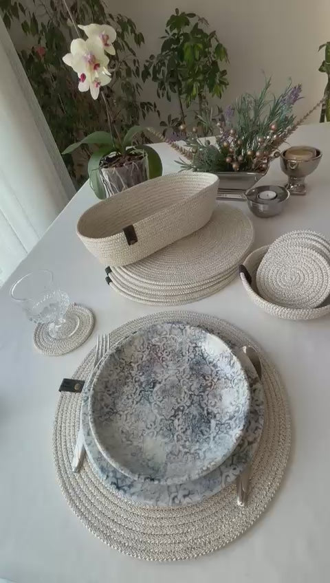 Shining Ecru Handmade Cotton Rope Placemat Set: Dining Table Decor