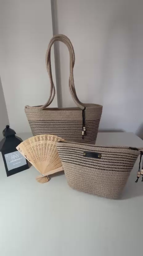 Handmade 2-Piece Beach Bag Set - Beige & Black Woven Tote and Half Moon Clutch