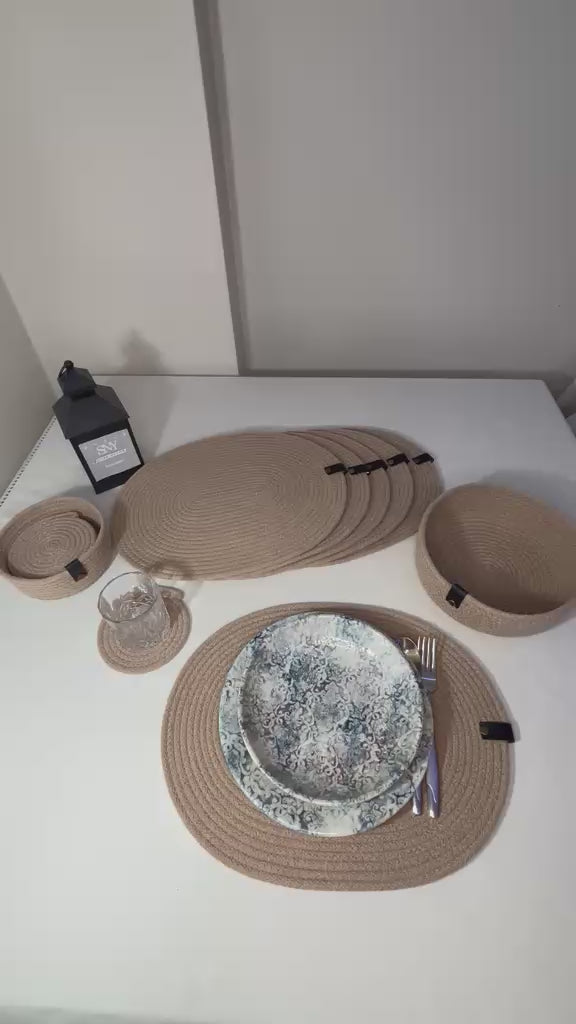 Handmade Woven Oval Placemats , Basket, Coaster Set: Boho Table Decor