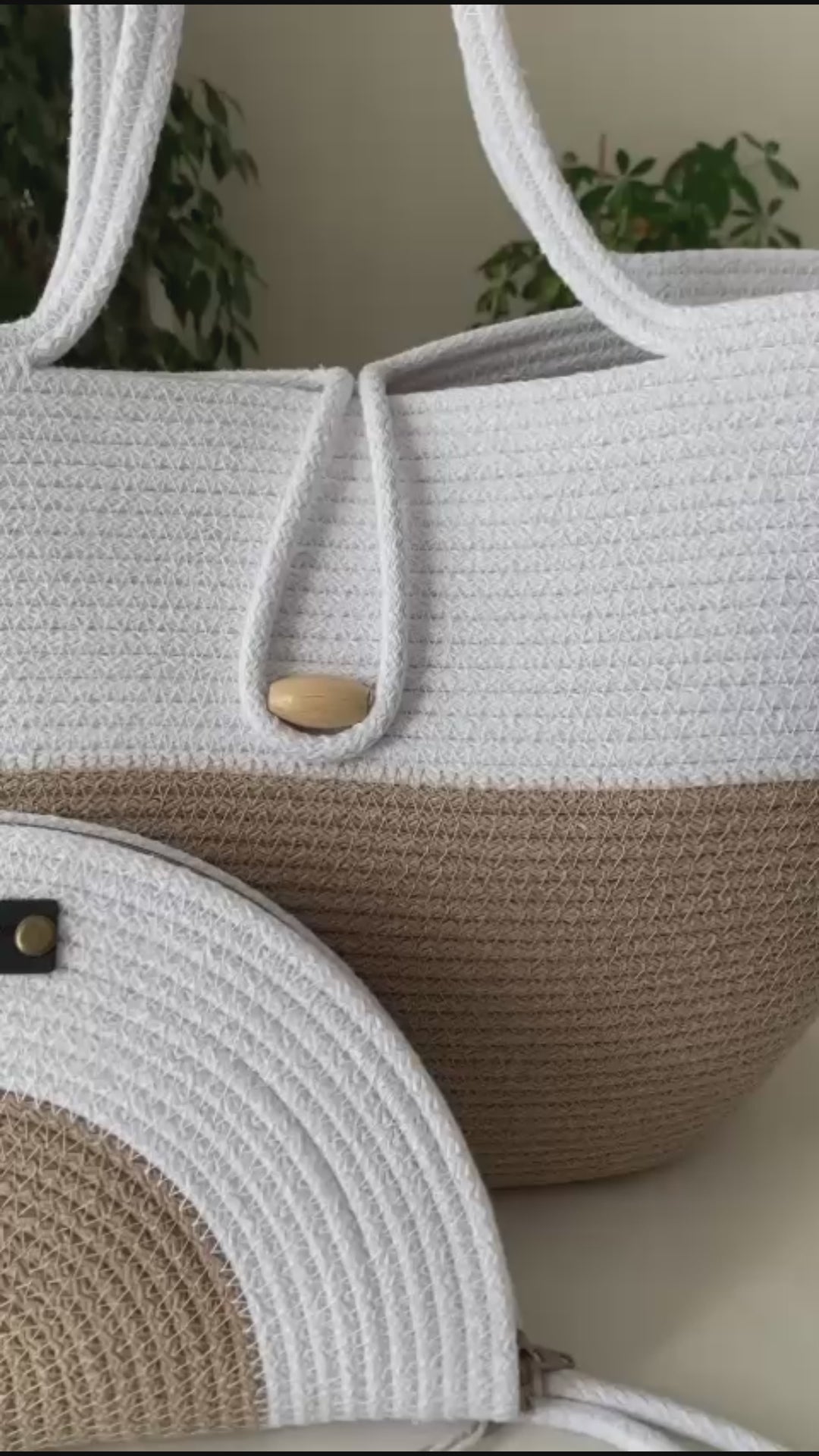 Beige-weiße handgewebte Juteseiltasche: Beige-weißes Baumwollfutter