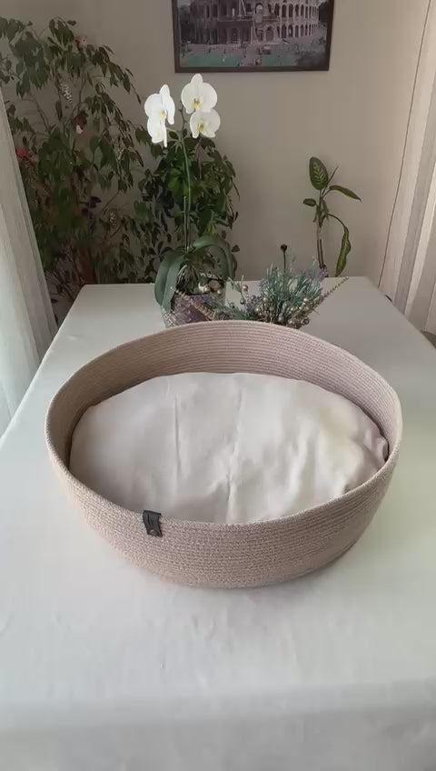 Handmade Woven Pet Bed Basket with Washable Pillow Cover (No Filling Included)