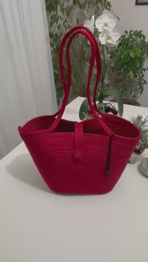 Handgewebte rote Seil-Umhängetasche: Rote Boho Strandtasche