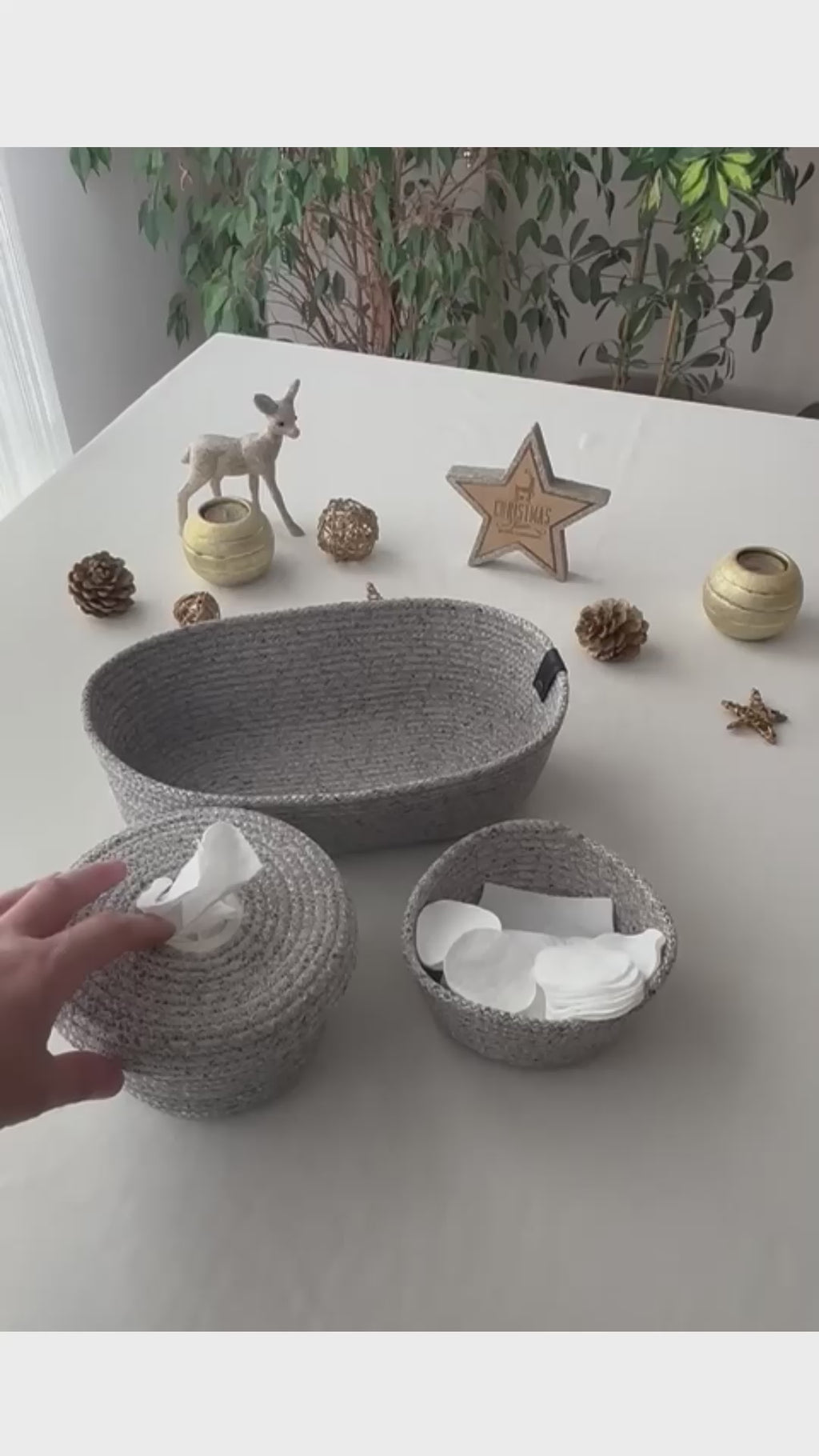 Handmade Gray Woven Make Up Basket Set: Cosmetic & Beauty Organizer