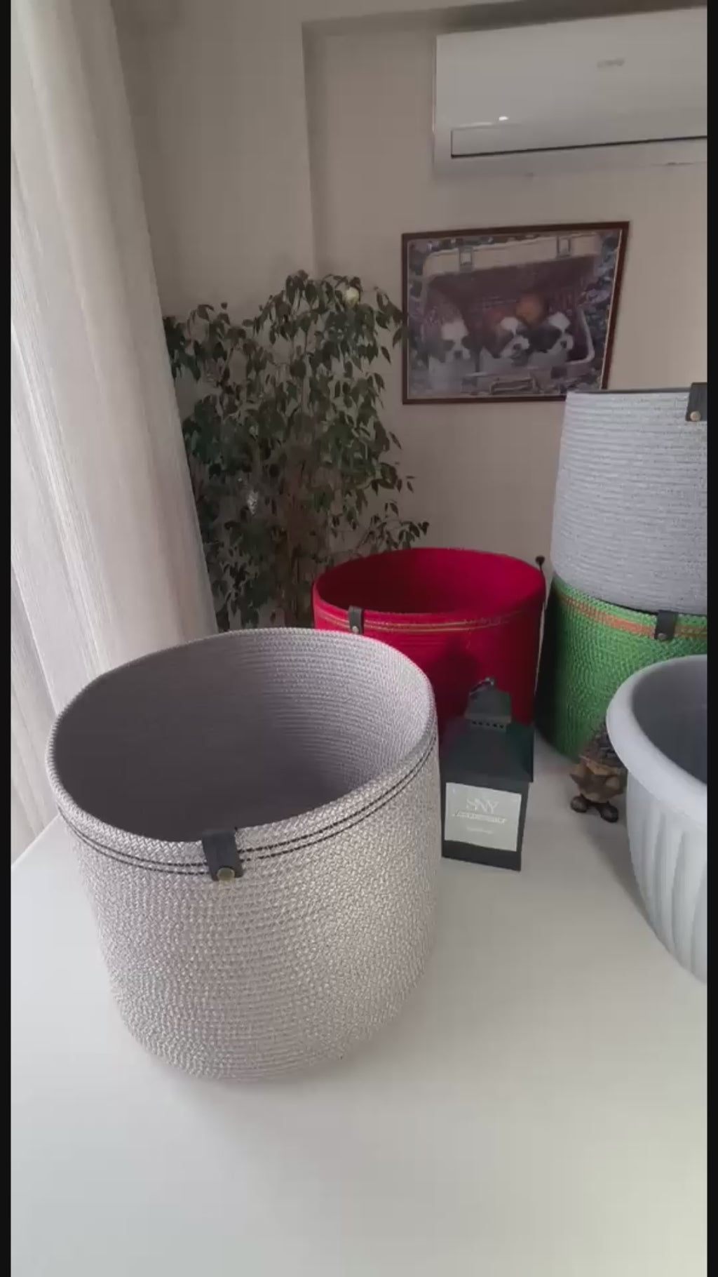 Handmade Cotton Rope Basket: Shiny Grey Woven Storage  Flower Pot Cover
