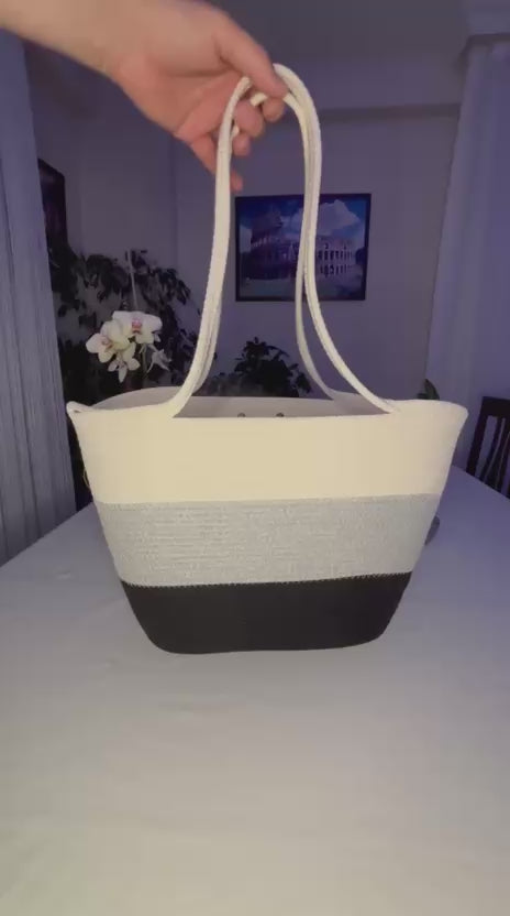 Schwarz & Grau & Weiß Handgewebte Juteseil Schultertasche