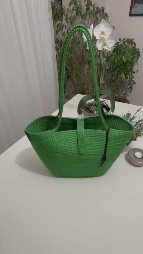 Handmade Green Jute Rope Bag: Braided Boho Beach Tote