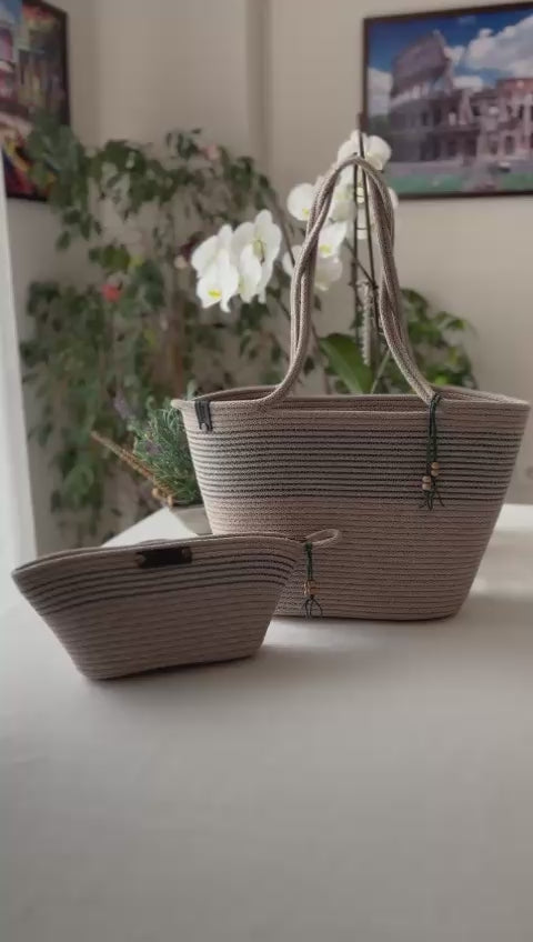 Beige&Grün Handgefertigte geflochtene Jutetasche und Beutel-Set: Beige Clutch & Strandtasche