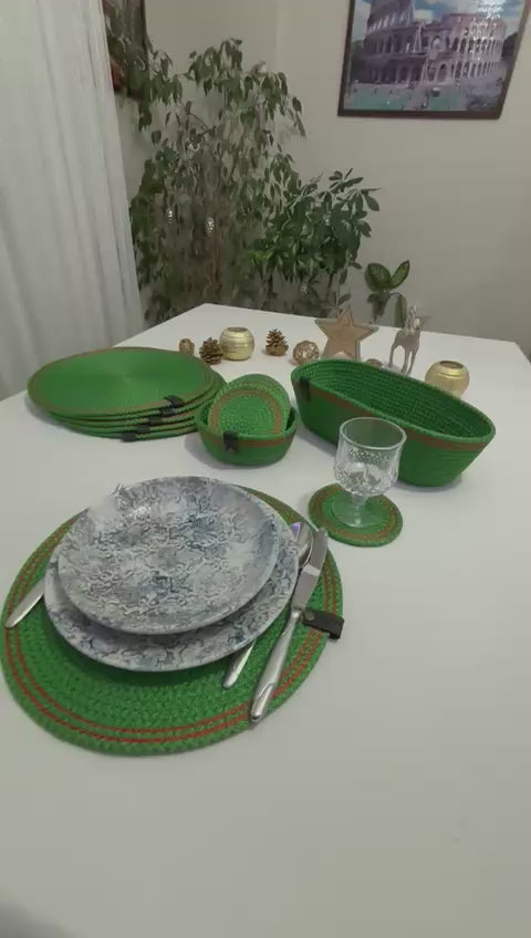 Handmade Green Rope Placemat Set – Woven Dining Table Decor