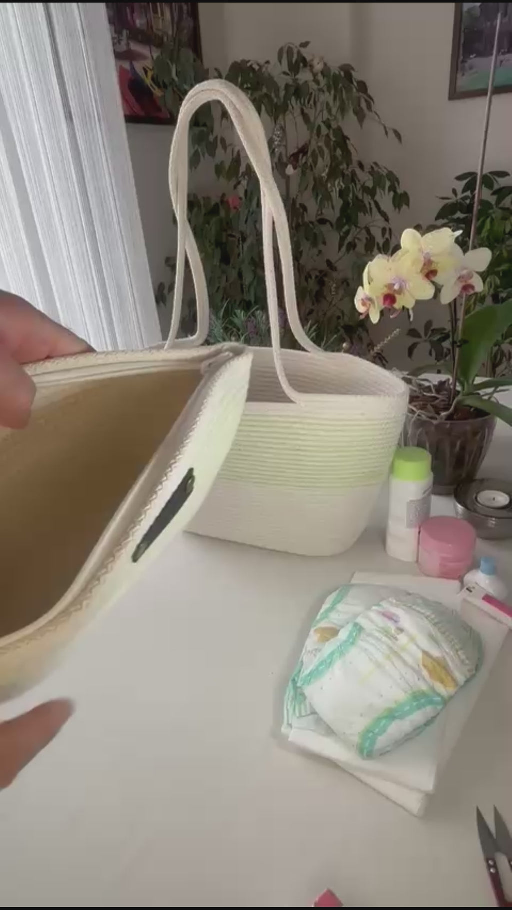 Grüne & weiße handgemachte Juteseil-Umhängetasche: Boho-Tasche