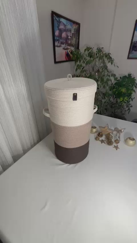 Handgefertigter Korb aus Seil mit Deckel, 60 cm großer geflochtener Wäschekorb