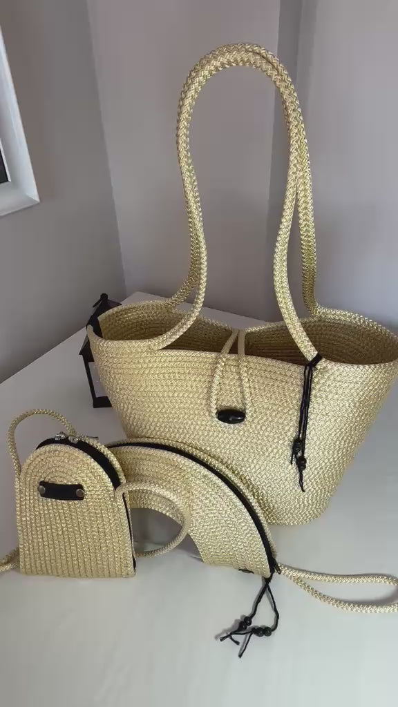 Gold  Woven Straw Bag Set, 3 Piece Tote, Clutch & Phone Crossbody Bag