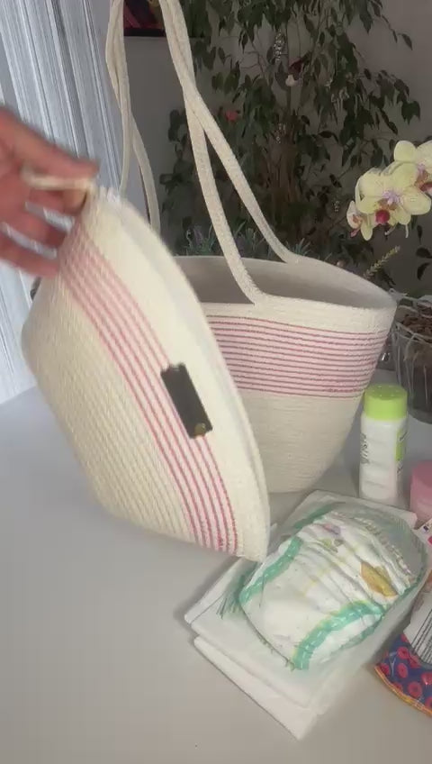 Pink & White handgefertigte Juteseil-Handtasche: Geflochtene Boho Strandtasche