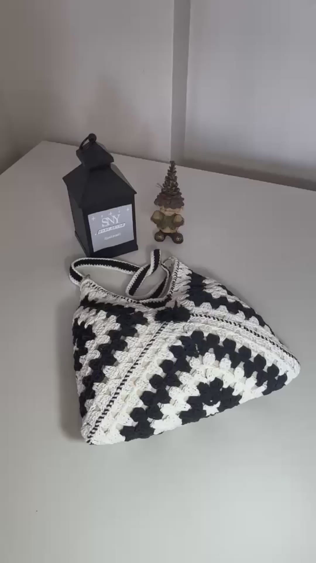 Crochet Granny Square Shoulder Bag | Handmade Black & White Tote | Boho Hobo Bag | Vintage Crochet Purse | Handmade Gift