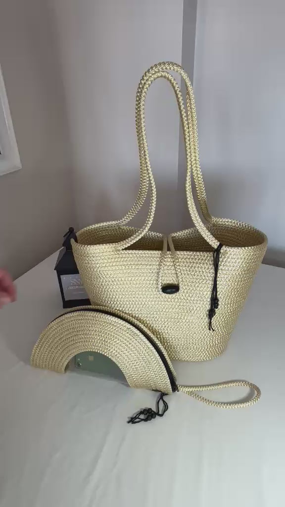 Gold Handmade Jute Rope Tote Bag - Braided Beach Shoulder Bag - Boho Summer Handbag