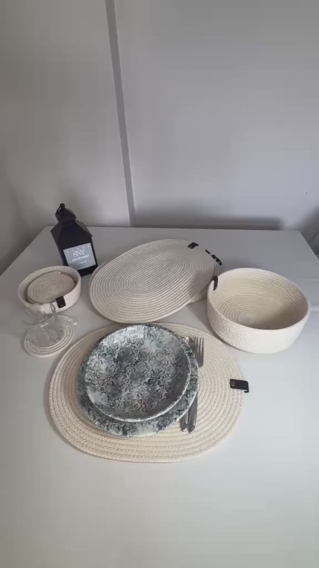 Handmade Woven White Oval Placemats , Basket, Coaster Set: Boho Table Decor