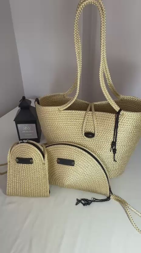 Woven Straw Bag Set, 3 Piece Tote, Clutch & Phone Crossbody Bag