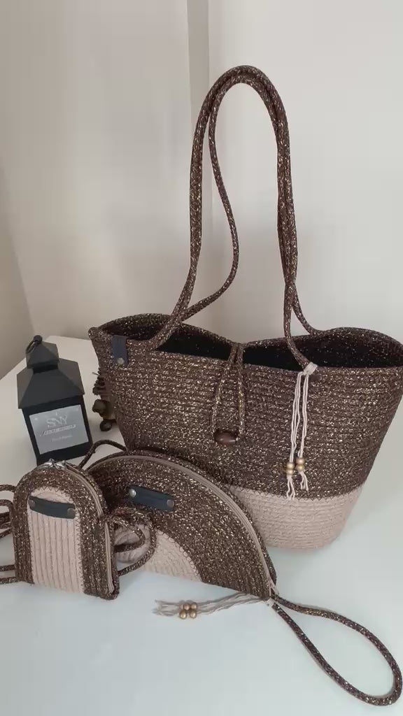 Brown&Beige  Woven Straw Bag Set, 3 Piece Tote, Clutch & Phone Crossbody Bag