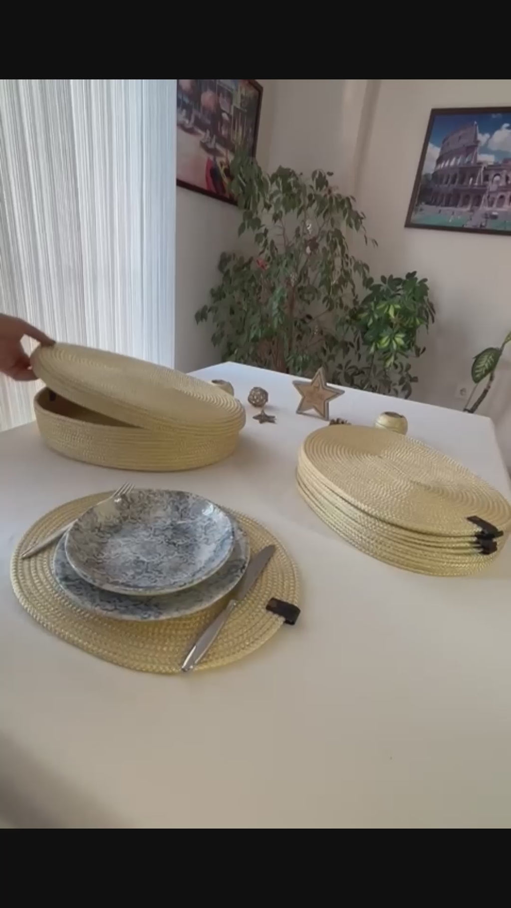 Handmade Woven Placemats & Box with lid Set: Boho Table Decor