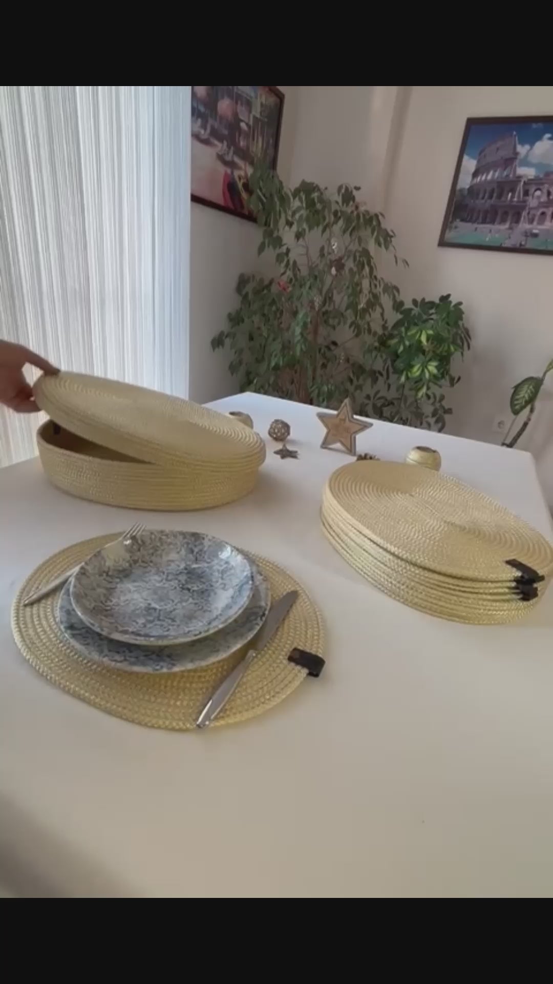 Handmade Woven Placemats & Box with lid Set: Boho Table Decor