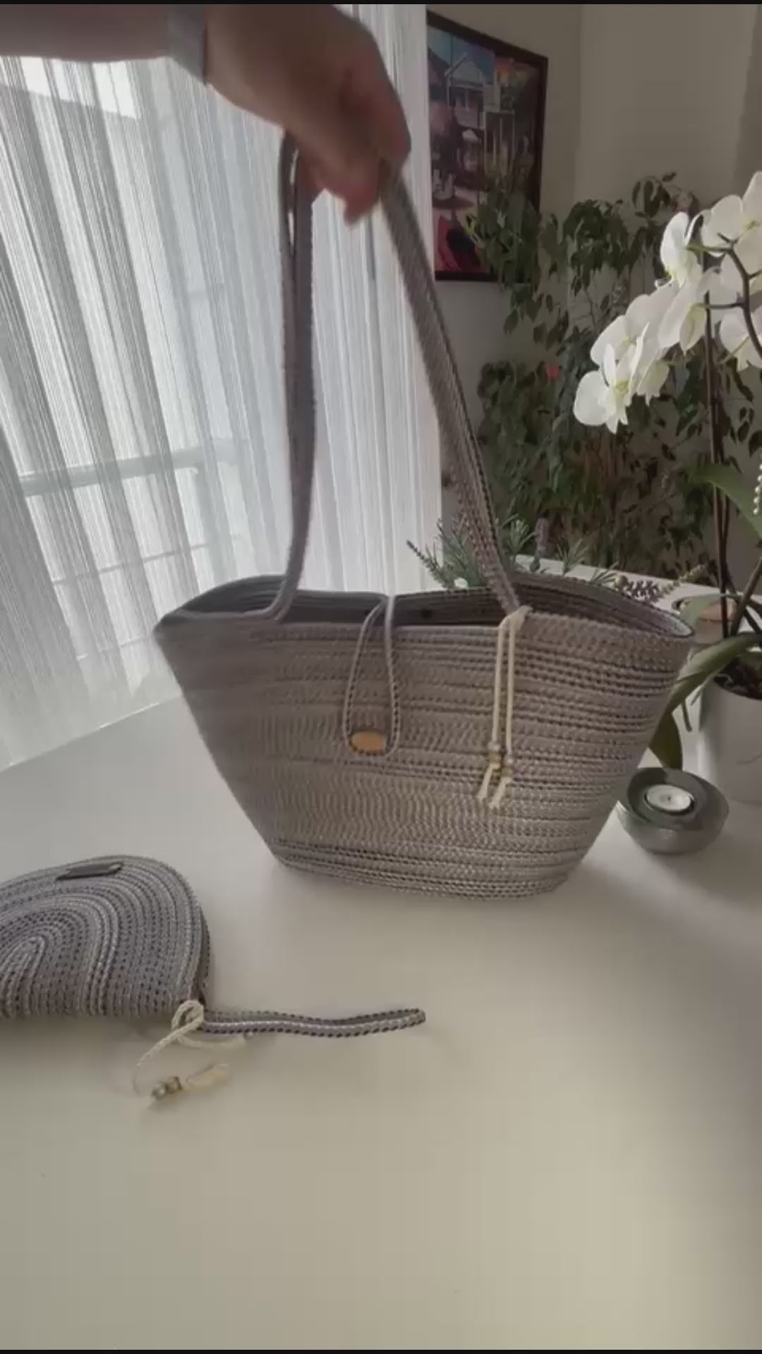 Burgundy & Blue Handwoven Jute Rope Bag: Boho Braided Shoulder Bag