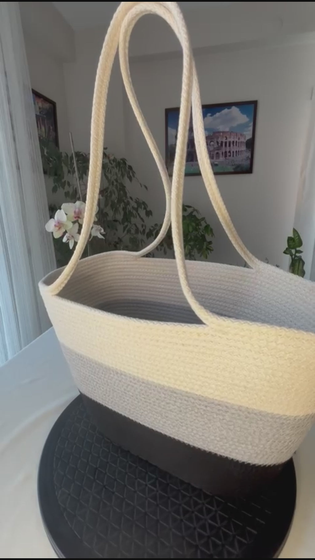Customizable Three-Tone Rope Tote Bag: Handmade Color Block Beach Bag