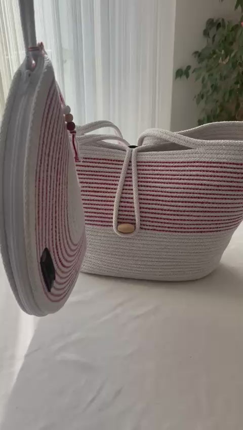 Rot & Weiß Handgewebte Jute Seiltasche: Sommer Strandtasche