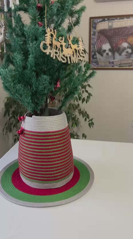 2-Piece Set Handmade Wicker Christmas Tree Stand Cover, Rustic Tree Skirt, Eco-Friendly Base Cover
