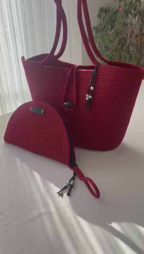 Glänzende rote handgemachte Jute-Seil Umhängetasche: Geflochtene Boho-Tasche