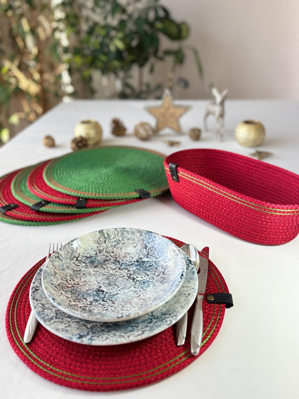 Handmade Cotton Rope Placemat Set: Red and Green Woven Dining Table Decor