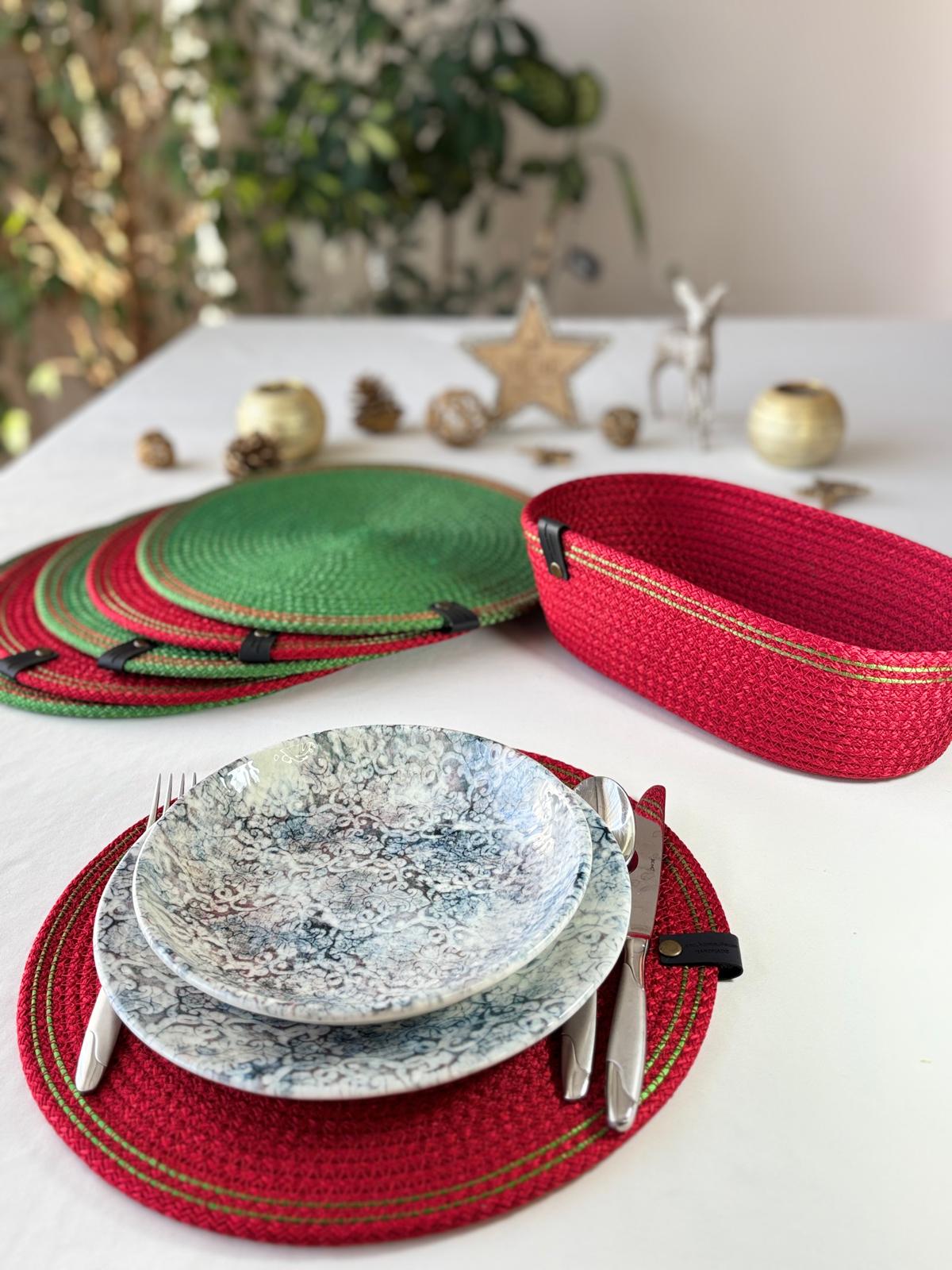 Handmade Cotton Rope Placemat Set: Red and Green Woven Dining Table Decor