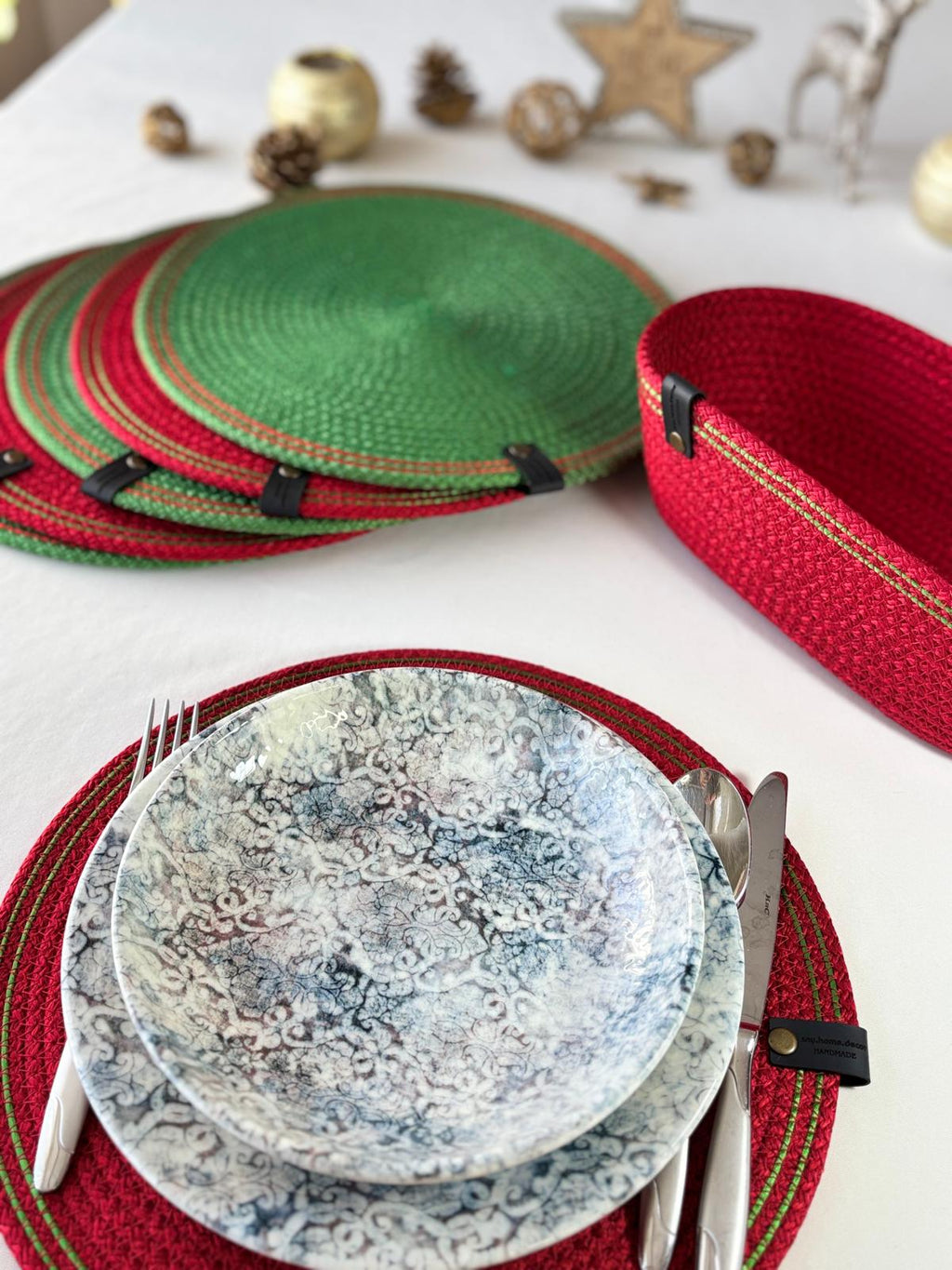 Handmade Cotton Rope Placemat Set: Red and Green Woven Dining Table Decor